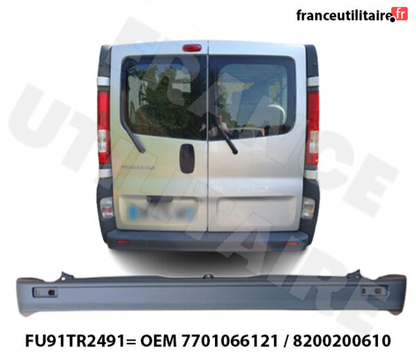 Vue rapprochée du pare-choc arrière Renault Trafic 2 référence FU91TR2491, prêt à être installé sur votre véhicule pour une protection optimale.