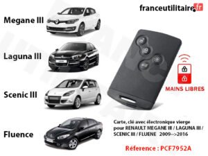 Télécommande clé à distance pour Renault Trouvez la télécommande idéale pour remplacer ou ajouter une clé smart Keyless compatible avec Renault Megane 3, Laguna 3, Scenic, Fluence. Fonctionne sur 433MHz avec un chip ID46-PCF7952A. Neuf et facile à programmer.