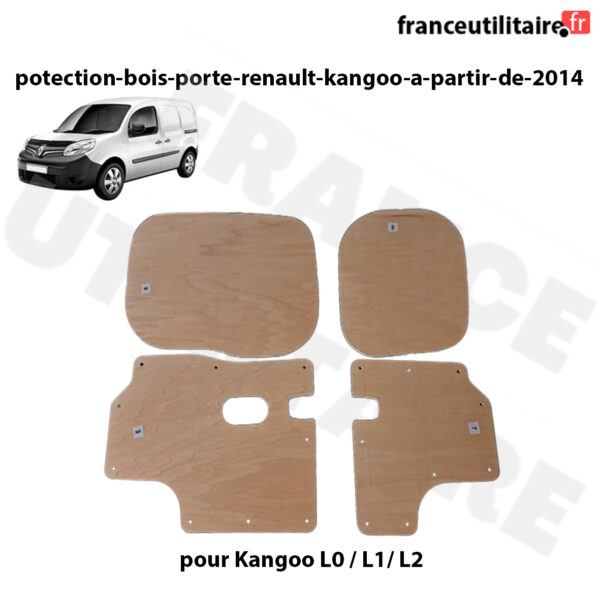 Renault Kangoo Habillage Photo d’un Renault Kangoo de profil avec les 4 panneaux d’habillage en bois présentés de face. Le logo du site FranceUtilitaire est visible sur l’image