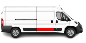 Moulure de porte coulissante droite pour Peugeot Boxer L4, mise en évidence en rouge sur le bas du flanc droit du véhicule